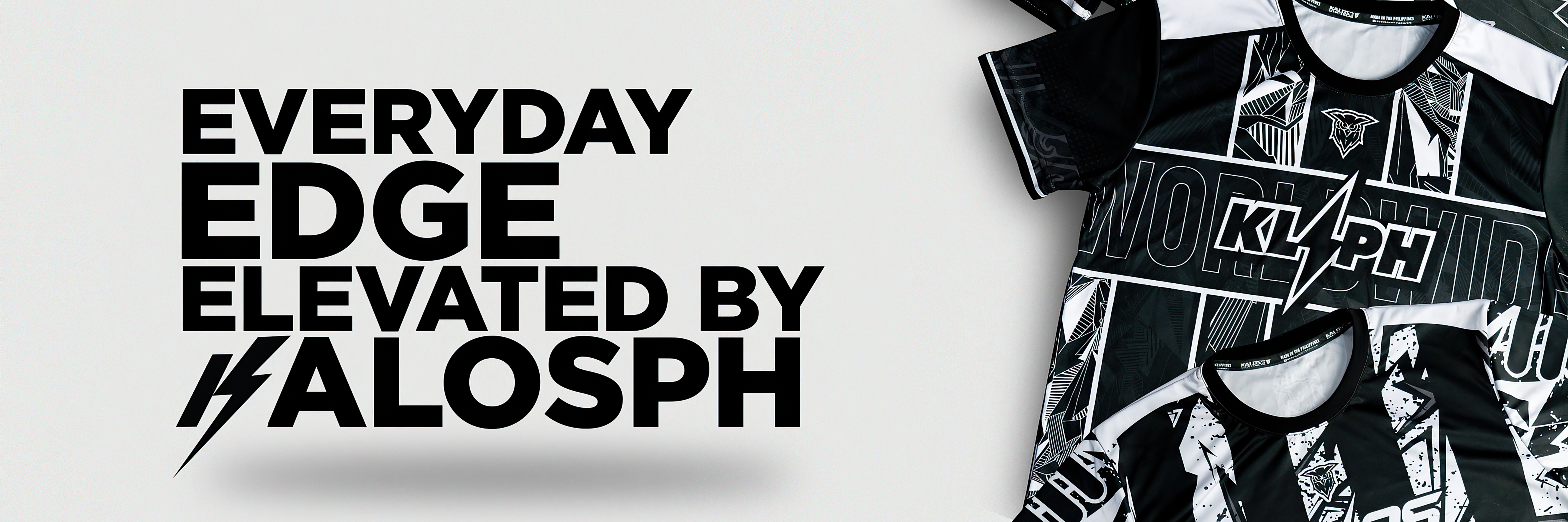 A stack of black and white patterned custom jerseys from Kalosph Sportswear, emphasizing modern and edgy designs for teams in Marikina, Philippines