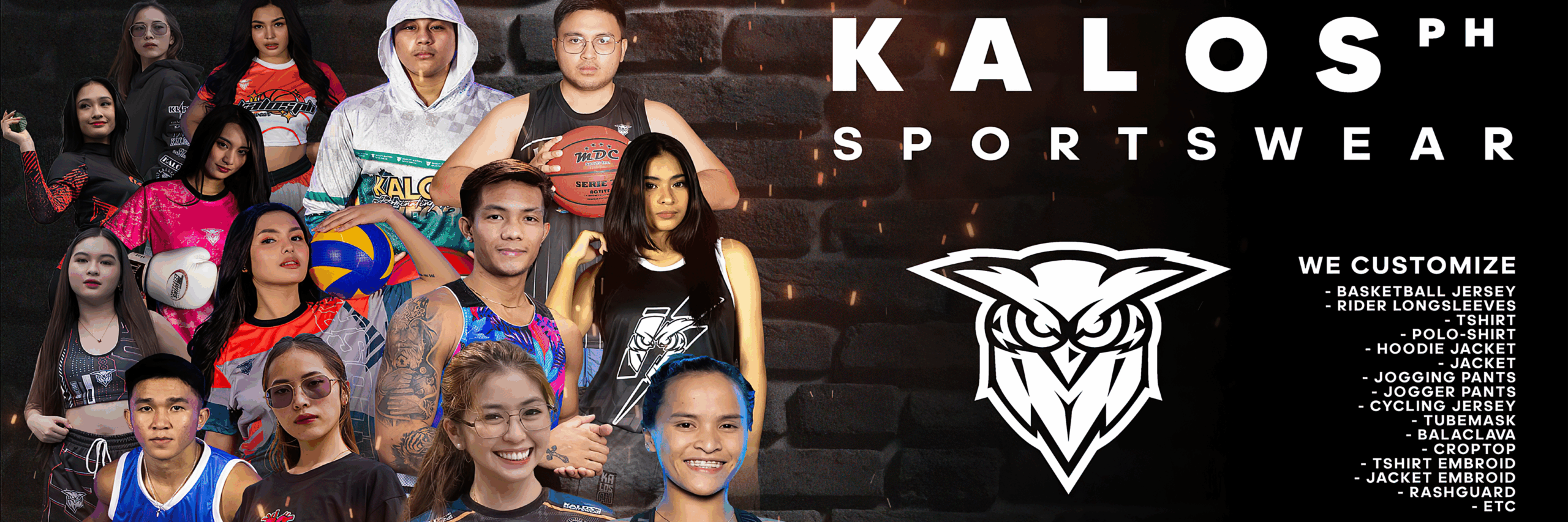 Kalosph Sportswear banner featuring diverse athletes in custom jerseys, highlighting custom apparel services in Marikina, Philippines