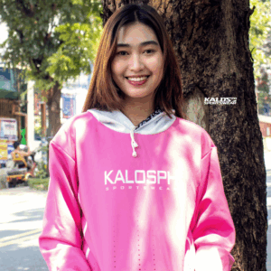 Model wearing Kalosph custom jersey hoodie jacket front view in team colors