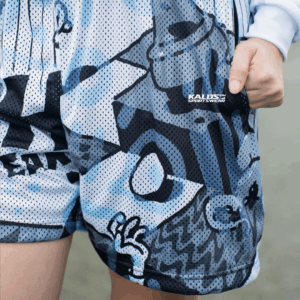 Front view of Kalosph Custom Jersey Mesh Shorts in black, worn by model